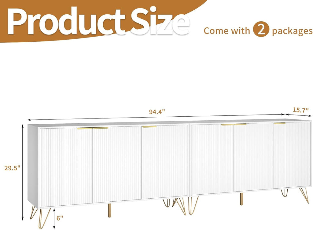 Buffet Cabinet with Storage Set of 2, Storage Cabinet with 3 Doors, Sideboard Coffee Bar Cabinets with Metal Legs and Adjustable Shelf for Kitchen, Dining Room, Living Room, White