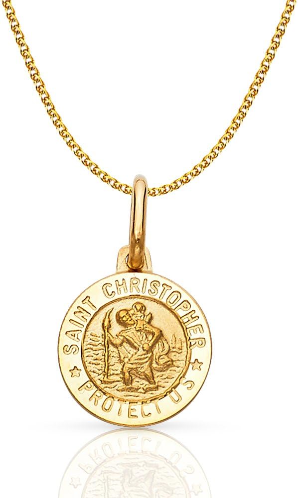 14K Yellow Gold St. Christopher Medal Pendant Necklace Protect Us Charm with 1.2mm Flat Open Wheat Chain