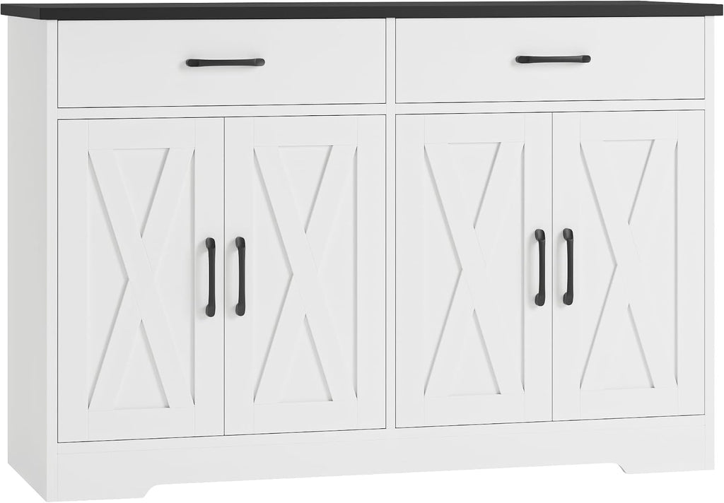 HOSTACK Buffet Cabinet with Storage, 47.2' Kitchen Sideboard Buffet with Drawers, Modern Farmhouse Coffee Bar Station with Shelves, Barn Doors Storage Cabinet for Living Room, White/Black