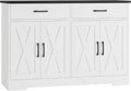 HOSTACK Buffet Cabinet with Storage, 47.2' Kitchen Sideboard Buffet with Drawers, Modern Farmhouse Coffee Bar Station with Shelves, Barn Doors Storage Cabinet for Living Room, White/Black