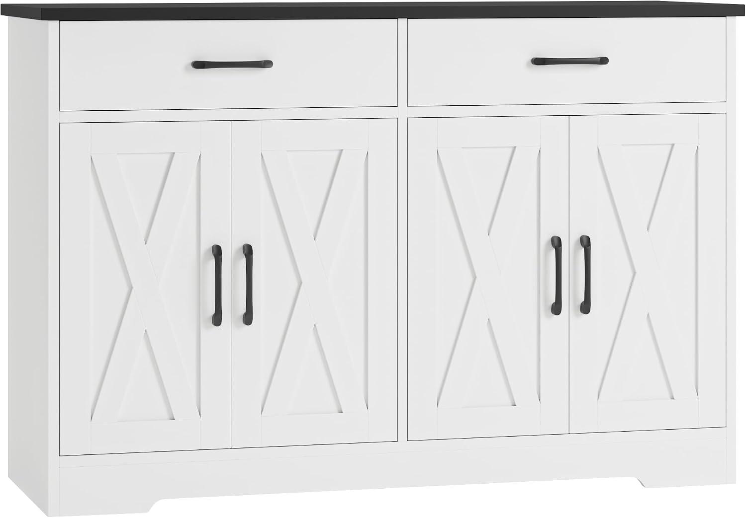HOSTACK Buffet Cabinet with Storage, 47.2' Kitchen Sideboard Buffet with Drawers, Modern Farmhouse Coffee Bar Station with Shelves, Barn Doors Storage Cabinet for Living Room, White/Black