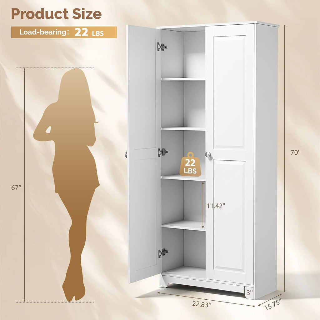 VINGLI 72' Tall Pantry Cabinet, Kitchen Pantry Storage Cabinet with 2 Doors & Adjustable Shelves, Freestanding Food Storage Cupboard for Kitchen, Dining Room, Utility Room, White