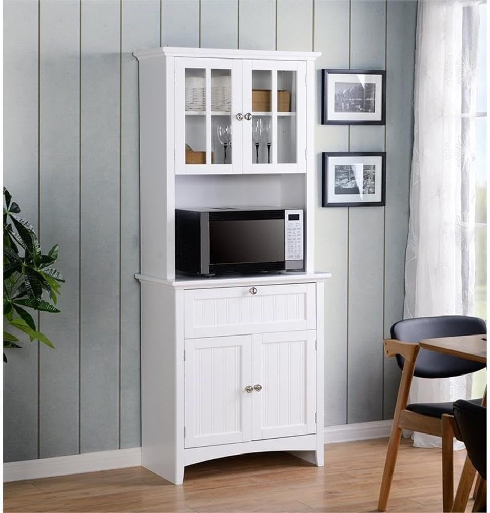Pemberly Row 29' Farmhouse Wood Buffet and Hutch, White Painted Finish, Glass and Solid Doors, Adjustable Shelf, Spacious Microwave Area, Durable Storage Cabinet for Kitchen or Dining Room Use