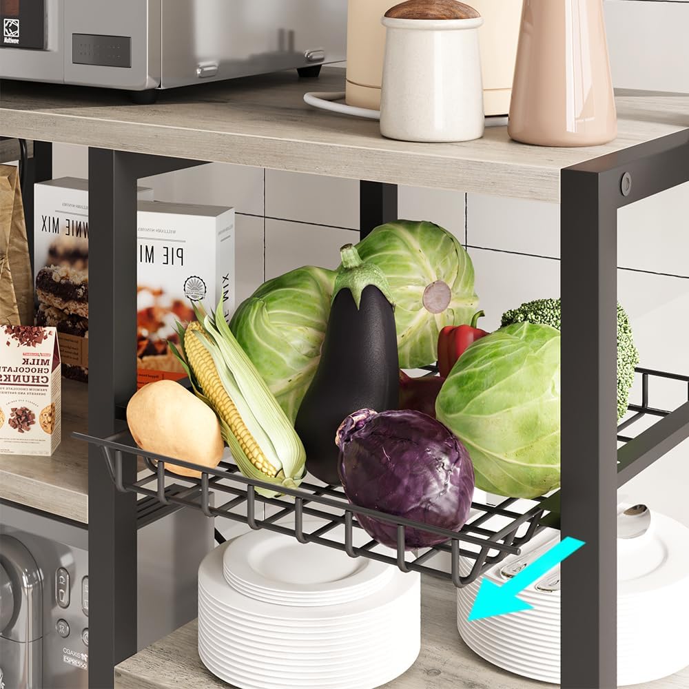 IDEALHOUSE Bakers Rack with Power Outlet, 6-Tier Coffee Bar Station with Wire Drawer, Industrial Microwave Stand, Kitchen Standing Bakers Racks with Large Storage, Hutch, Retro Gray