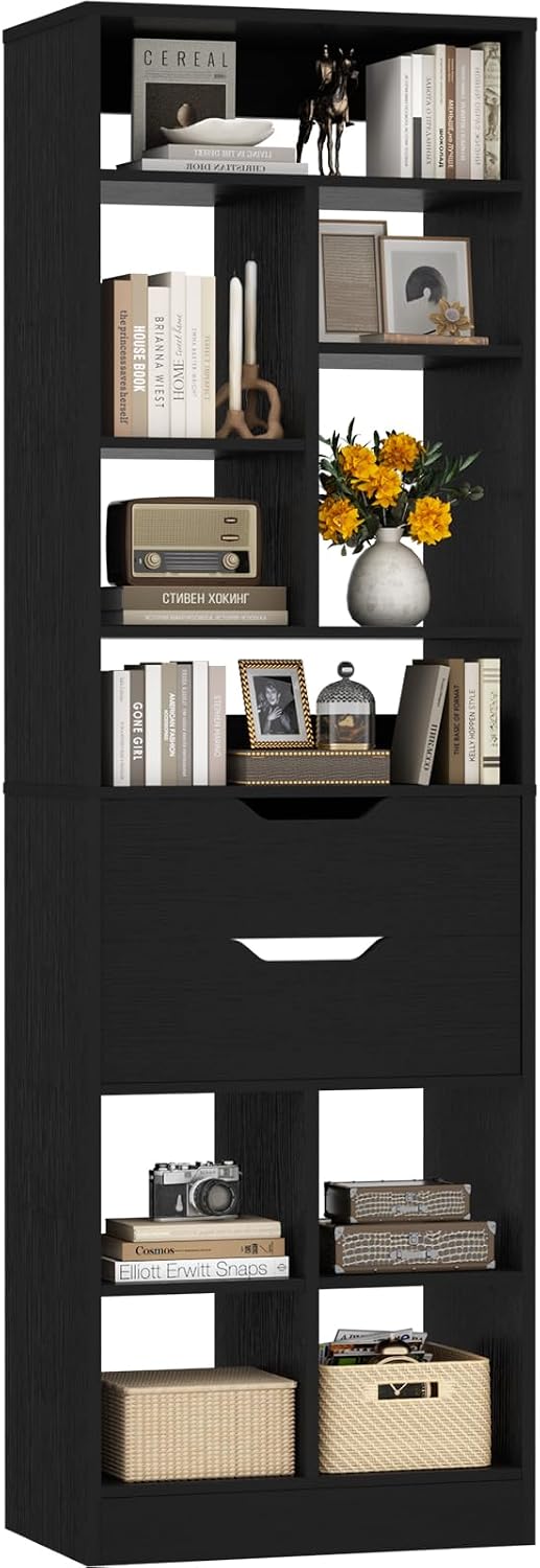 Armocity 9-Tier Tall Bookshelf with 2 Drawers, 79.7' Narrow Freestanding Bookcase, Space-Saving Wood Display Shelves Storage for Living Room, Home Office Bedroom, Black