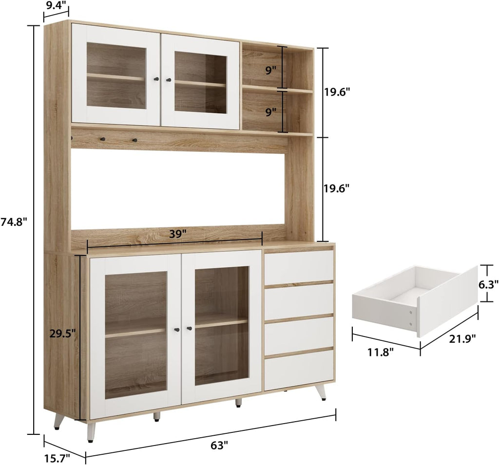 FUFU&GAGA 74.8' Tall Kitchen Pantry Cabinet with 4 Drawers, 4 Doors & Microwave Stand, Freestanding Hutch Cabinet with Buffet Cupboard for Kitchen, Dinningroom (Oak/White)