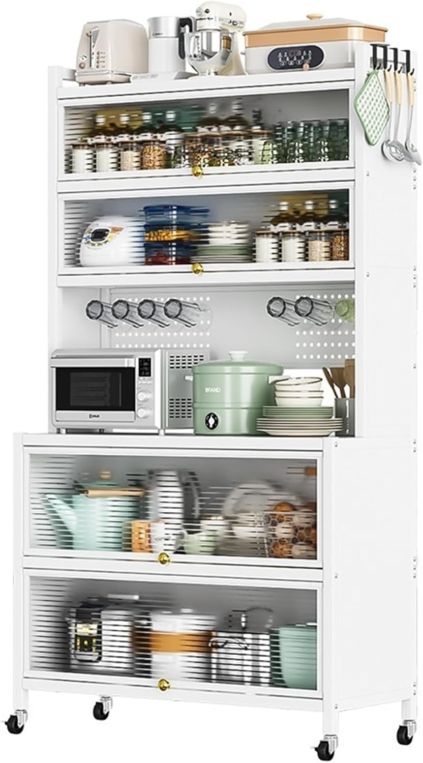 ZAIHW 5/6 Tier Microwave Stand with Storage Bakers Rack with Drawers Coffee Pub Station Organizer with Flip Doors Vintage Kitchen Utility Storage Shelf Space Saving(Gray,5 Layer)