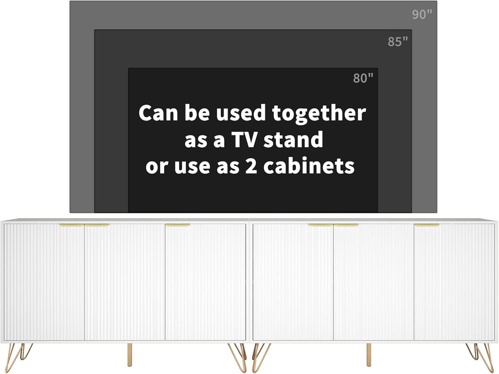 Buffet Cabinet with Storage Set of 2, Storage Cabinet with 3 Doors, Sideboard Coffee Bar Cabinets with Metal Legs and Adjustable Shelf for Kitchen, Dining Room, Living Room, White