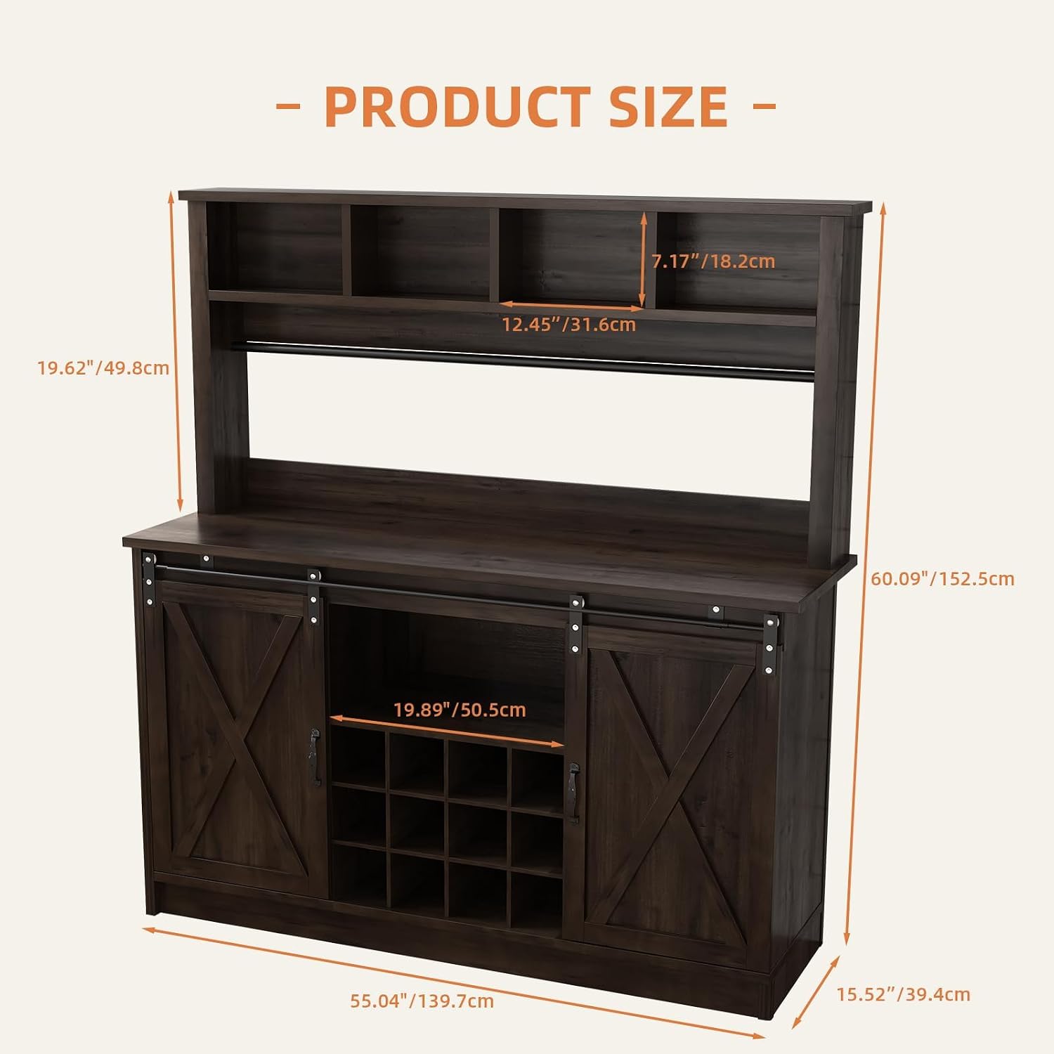 4ever2buy Farmhouse Coffee Bar Cabinet with Storage Hutch, 55' Wine Bar with 12 Wine Racks and 8 Hooks, Coffee Station with 4 Open Shelves and Sliding Barn Doors for Kitchen, Dining Room, Dark Oak