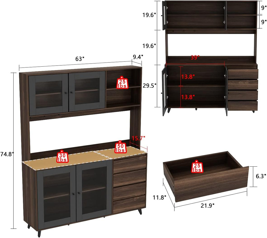 ECACAD Freestanding Kitchen Pantry Storage Cabinet with Glass Doors, Shelves & Drawers, Modern Sideboard Buffet Cabinet, Wood Kitchen Cupboard with Hutch and Hooks, Dark Brown