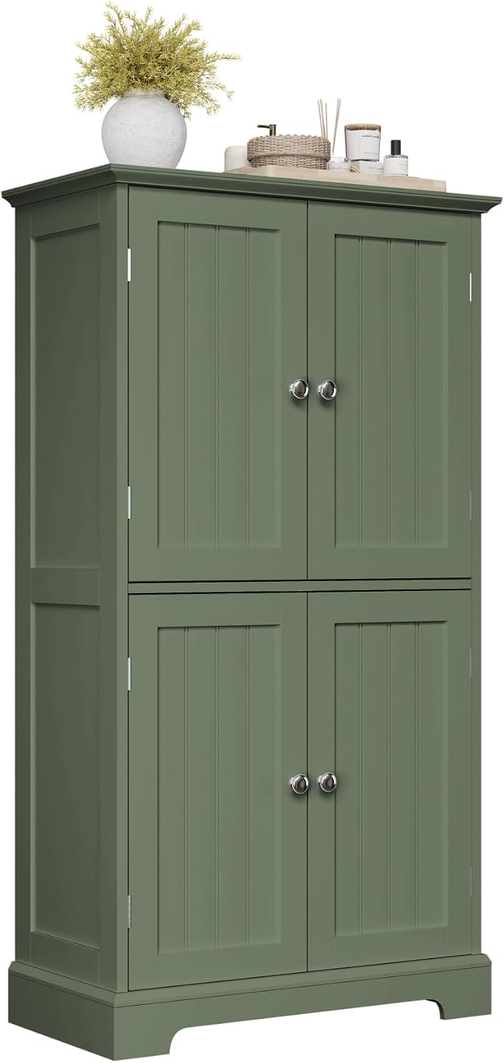 ChooChoo Bathroom Floor Cabinet, Modern Bathroom Storage Cabinet with 4 Doors and Adjustable Shelves, Freestanding Cupboard for Living Room, Green