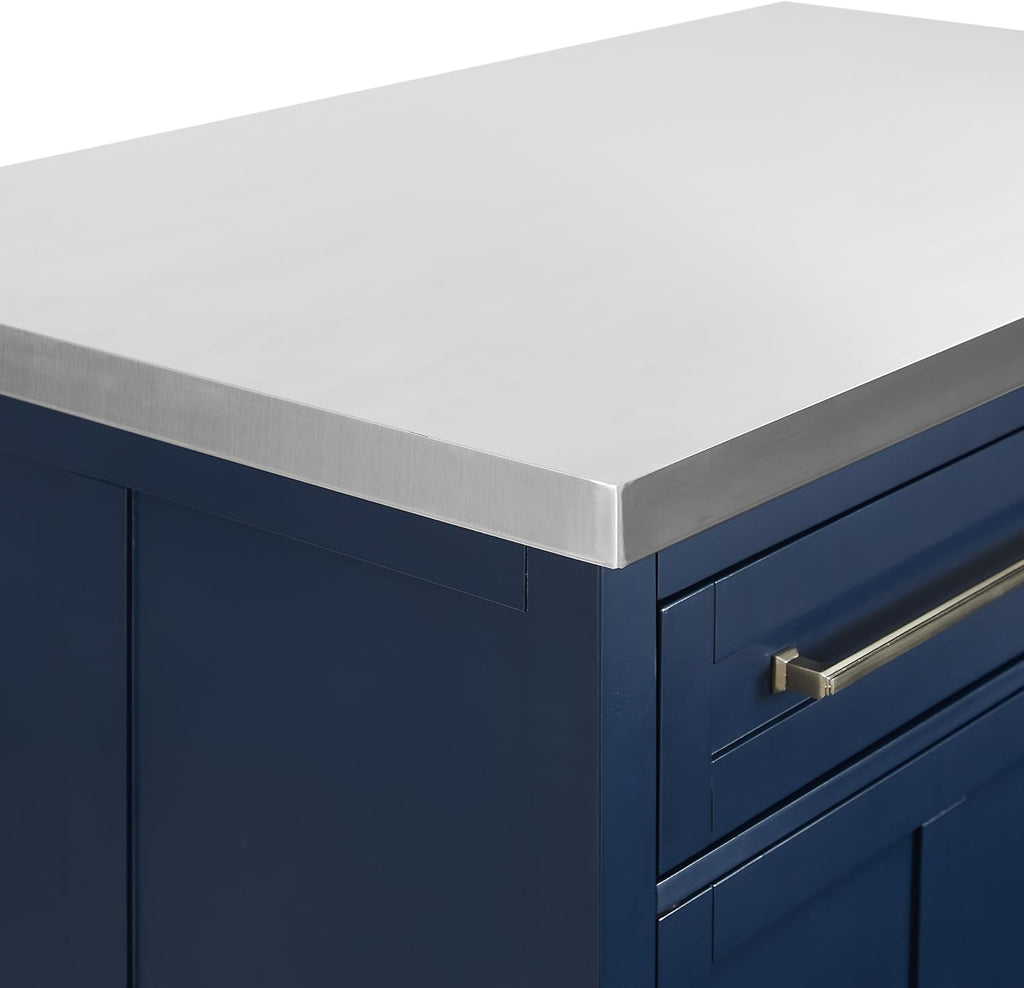 Crosley Furniture Silvia Stainless Steel Top Kitchen Island, Microwave Stand, Coffee Bar, with Shelves, Navy/Stainless Steel