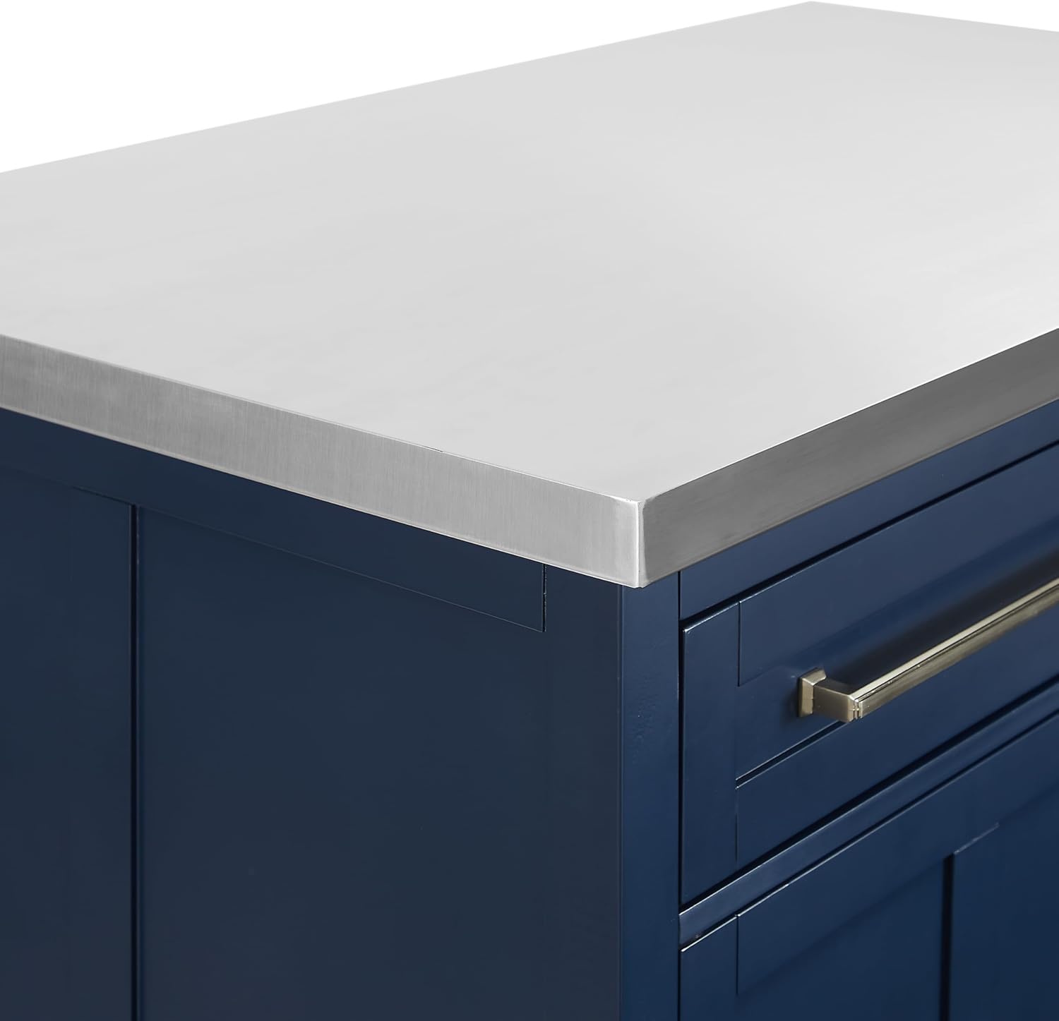 Crosley Furniture Silvia Stainless Steel Top Kitchen Island, Microwave Stand, Coffee Bar, with Shelves, Navy/Stainless Steel