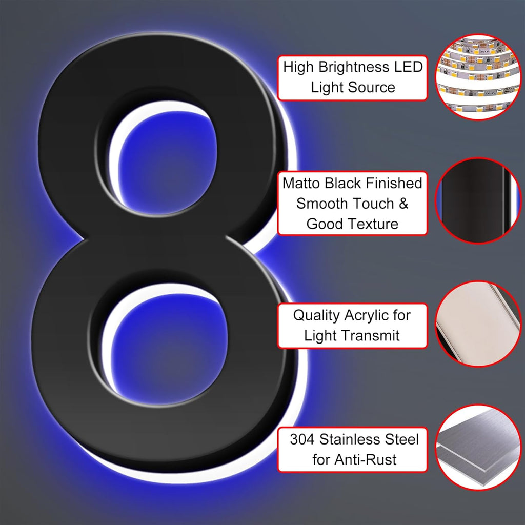 Illuminated LED House Number Sign, Matte Black, Lighted Address Number For House/Home/Yard, Light Up Address Sign, Waterproof Outdoor/Indoor, Day & Night,14 Inch/35cm,U