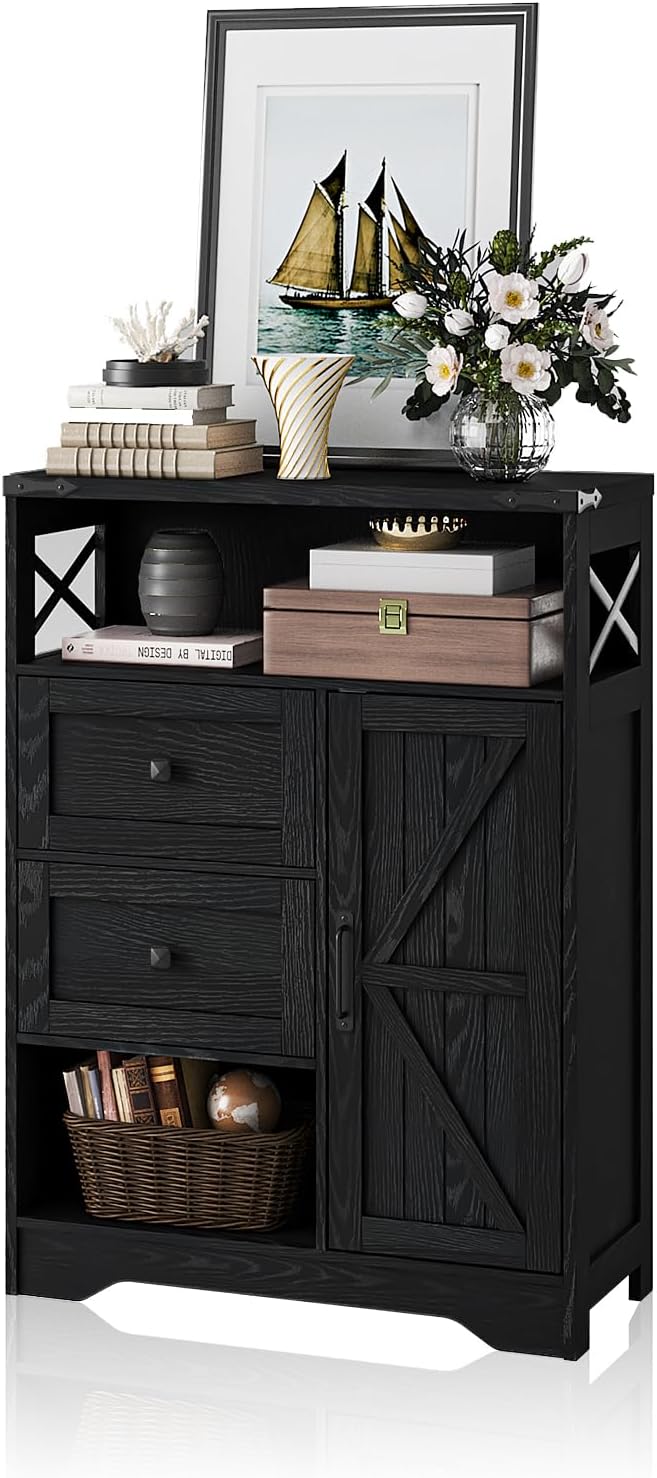 Fameill Farmhouse Storage Cabinet with 2 Drawers & Shelves,Freestanding Kitchen Cabinet with Doors,Floor Storage Organization for Living Room,Bathroom,Laundry,Black
