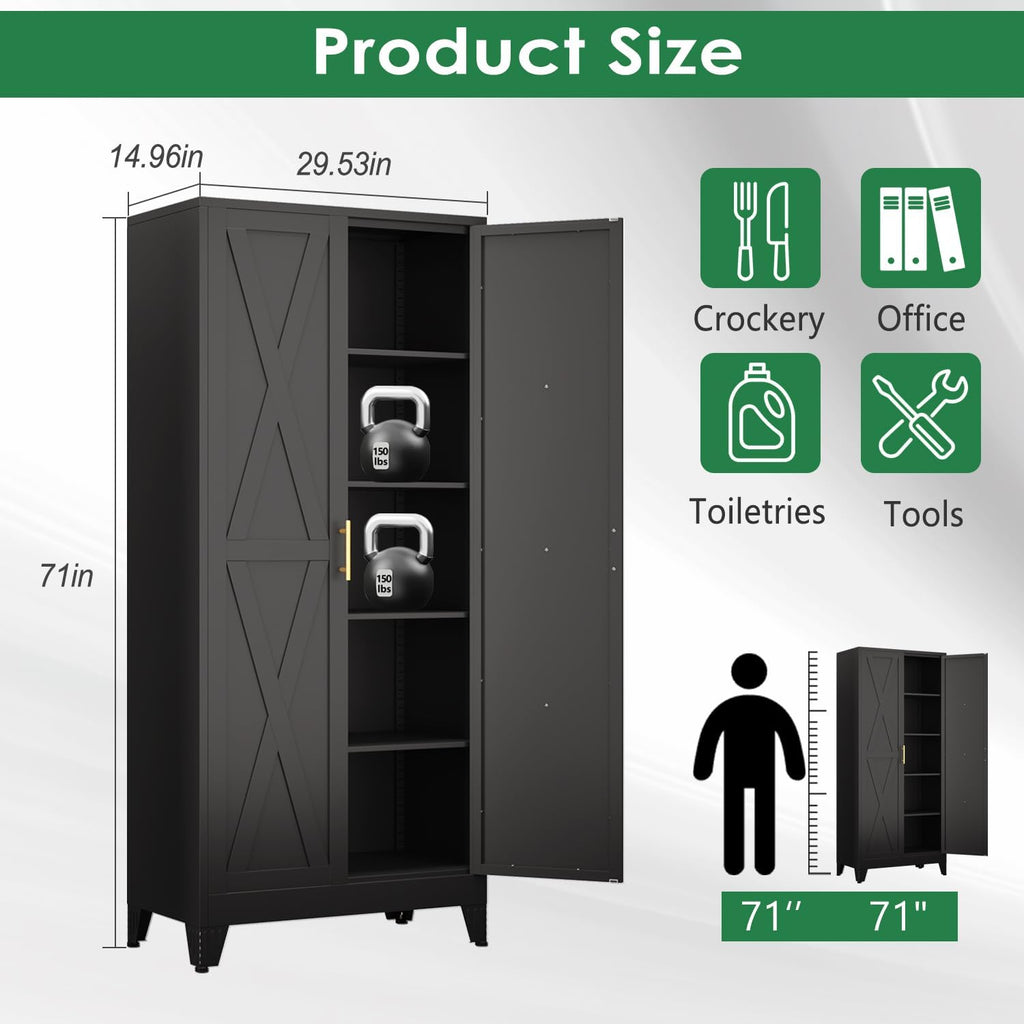 pozdeg 71' Tall Kitchen Pantry Cabinet, Metal Storage Cabinet with 2 Doors and 4 Adjustable Shelves, Black Food Pantry Cupboard for Kitchen, Dining Room, Living Room and Bathroom (Black)