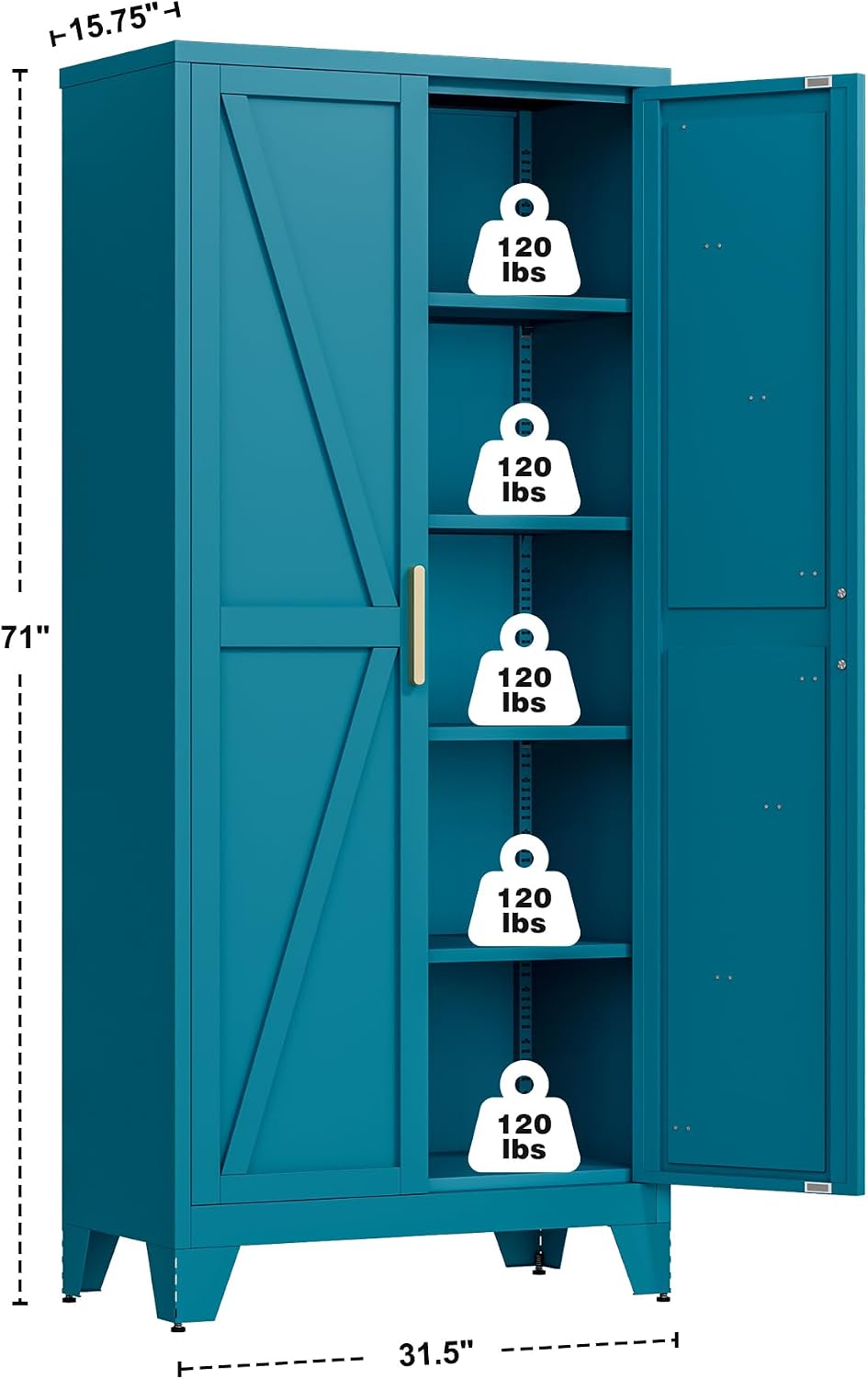 QINPTWUT 71' Metal Storage Cabinet with Doors and Shelves, Tall Pantry Cabinet in Blue with 2 Doors & 4 Adjustable Shelves, All-Steel Farmhouse Cupboard for Kitchen, Living Room,Home Office,Garage