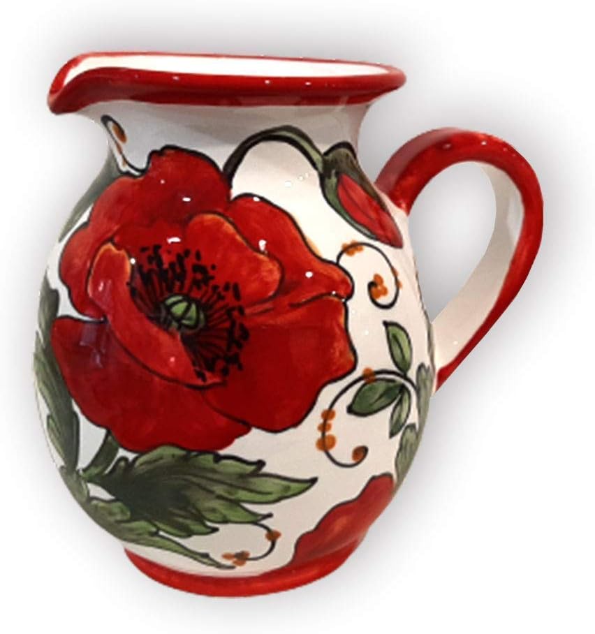 Italian Ceramic Pitcher Poppies - 16 oz Hand Painted Utensil Holder Or Carafe Design for Kitchen - Made in ITALY Tuscany - Italian Pottery Vase Jar for Wine - Home Decor Ceramics Dispenser