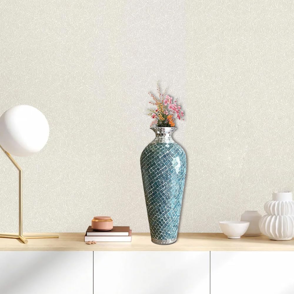 Floor Vase, Mosaic Vase, Decorative Metal Mosaic Piece Vase in Geometric Pattern Wavy Shape with Glass- Marbled Teal & Silver