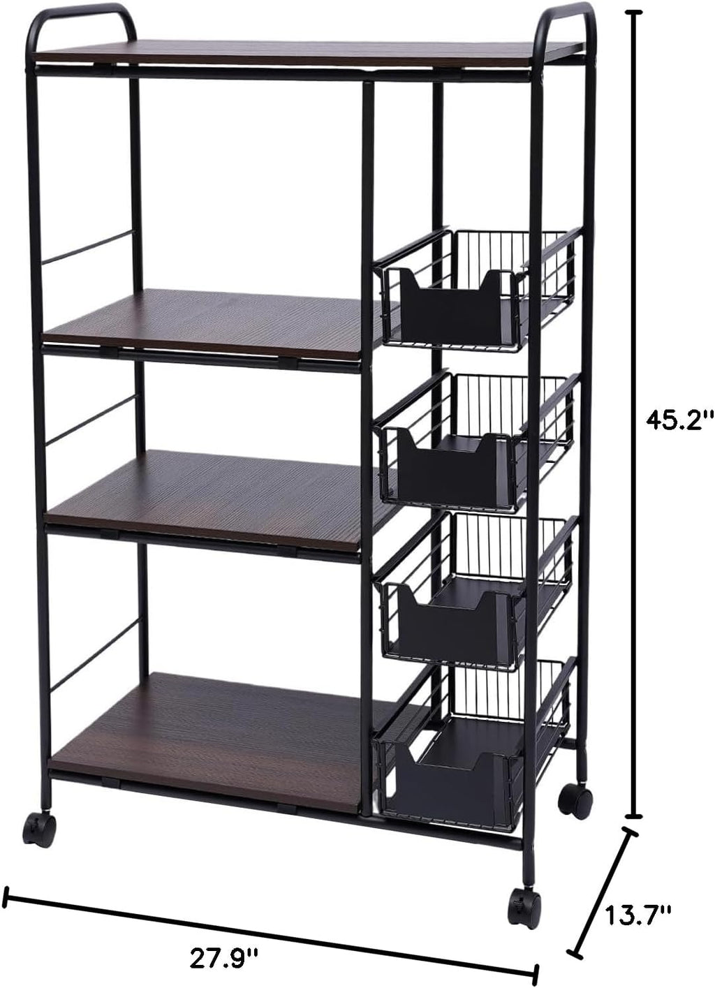 Kitchen Bakers Rack w/4 Push-Pull Drawers, 100lbs Bearing Microwave Oven Stand Cart, 27.9' L X 13.7' W X 45.2' H Kitchen Storage Shelf for Kitchen, Living Room, Bedroom