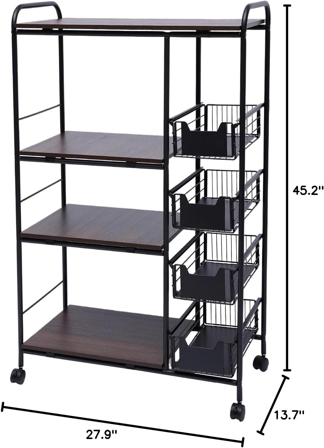 Kitchen Bakers Rack w/4 Push-Pull Drawers, 100lbs Bearing Microwave Oven Stand Cart, 27.9' L X 13.7' W X 45.2' H Kitchen Storage Shelf for Kitchen, Living Room, Bedroom