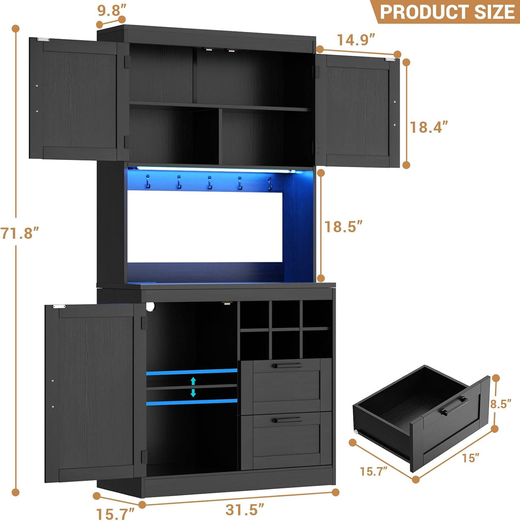 Unikito 72' Tall Pantry Cabinet, Kitchen Pantry Storage Cabinet with LED Light & Outlet, Kitchen Hutch Bar Cabinet with Microwave Stand, Wine Rack, Drawers and Shelves, Cupboard for Dining Room, Black