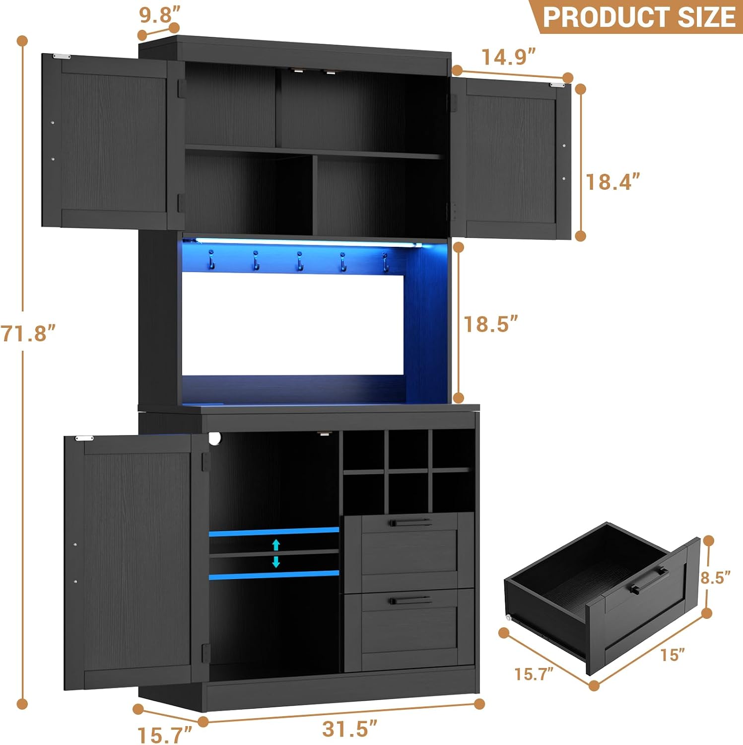 Unikito 72' Tall Pantry Cabinet, Kitchen Pantry Storage Cabinet with LED Light & Outlet, Kitchen Hutch Bar Cabinet with Microwave Stand, Wine Rack, Drawers and Shelves, Cupboard for Dining Room, Black