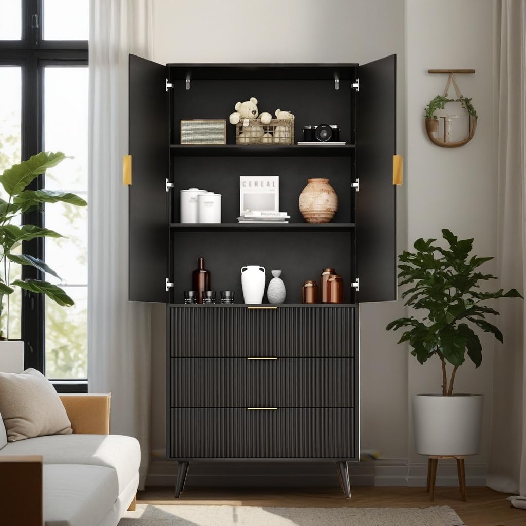 Tall Storage Cabinet, Kitchen Pantry Cabinet with Adjustable Shelves & Fluted Panel Design, Wood Cupboard with 3 Drawers 2 Doors, Tall Home Cupboard for Living Room, Kitchen, Black