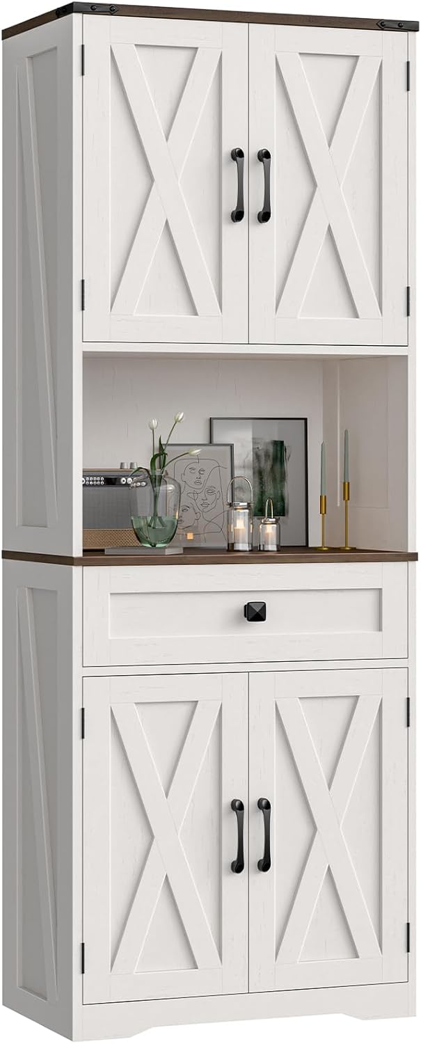 Halitaa Tall Kitchen Pantry Storage Cabinet, Farmhouse Storage with Organizer, Large Capacity Bathroom Cabinet with Drawer,Freestanding Cupboard for Kitchen, Dining Room, White
