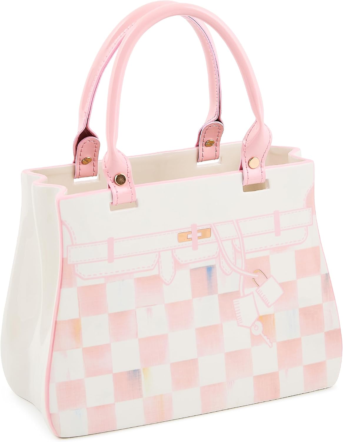 MACKENZIE-CHILDS Ceramic Handbag Vase, Unique Flower-Vase Decor, Pink-and-White Rosy Check Doodles