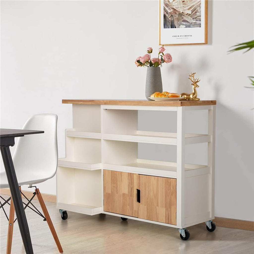 Sophia & William Kitchen Island Cart on Wheels, Rolling Kitchen Trolley with Rubber Wood Tabletop, Storage Drawers, Cabinet and Open Shelves