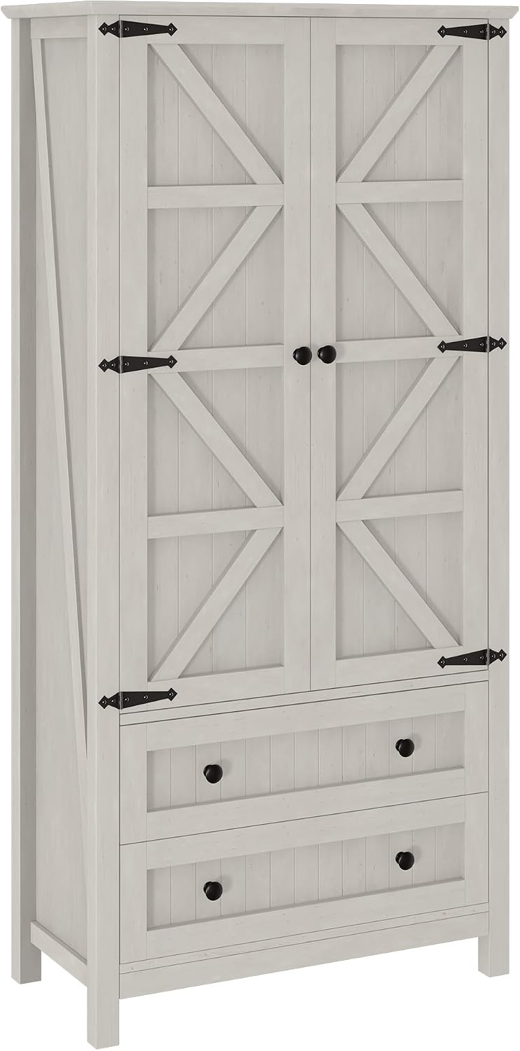 DWVO 64.5' H Kitchen Pantry Cabinet, Storage Cabinet with Barn Doors, 2 Drawers and Adjustable Shelves, Farmhouse Cupboard for Dining Room, Living Room, Bathroom, Off White