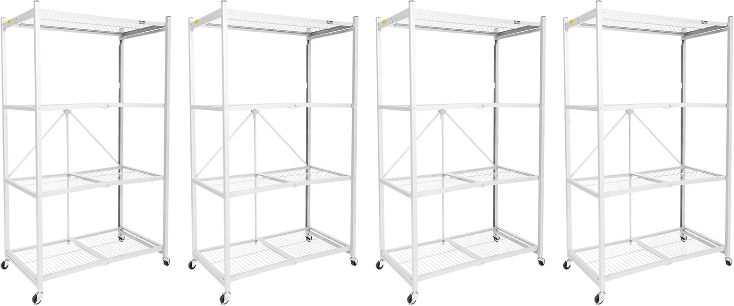 Origami 4-Pack R5 Storage Rack, 4-Tier Heavy-Duty Foldable Steel Shelf with Wheels, White