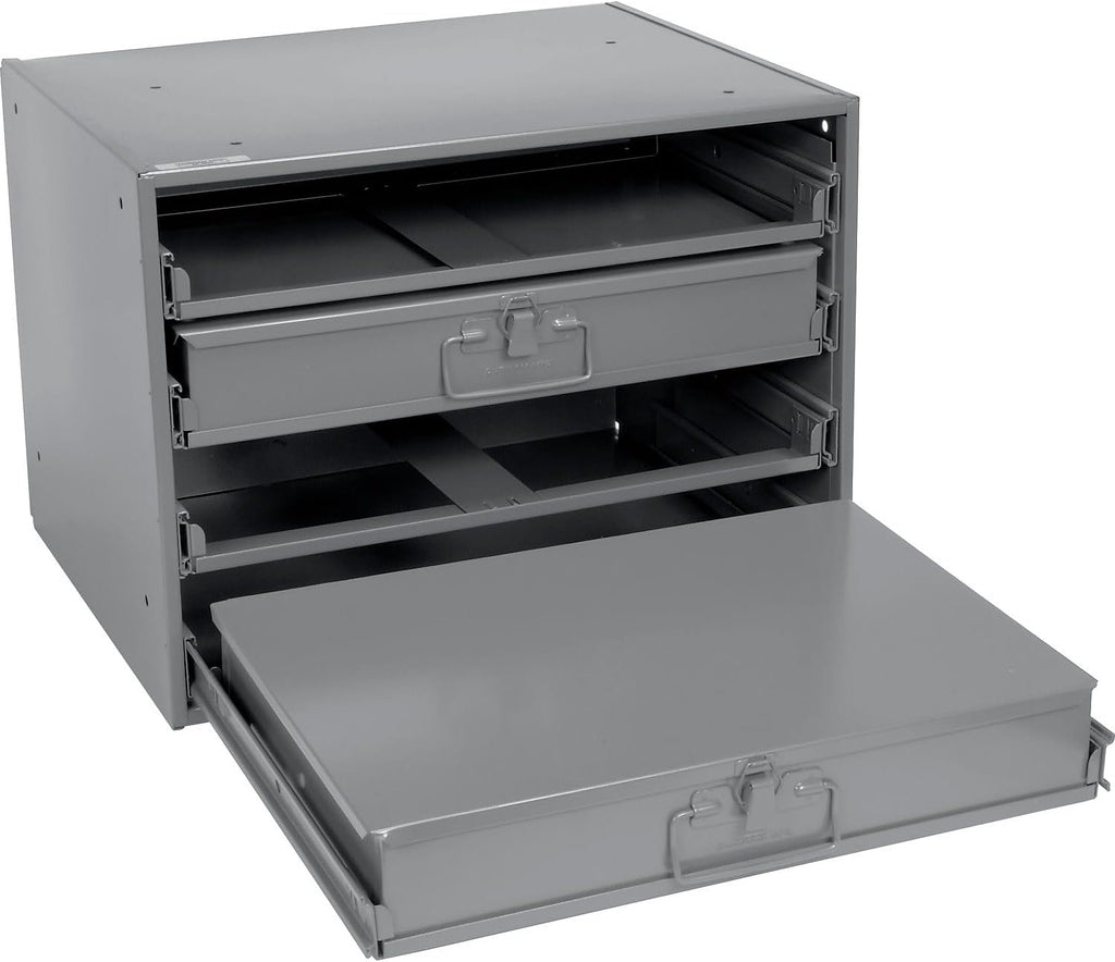 Global Industrial Durham Steel Compartment Box Rack with Four Adjustable Divider Compartment Boxes, 18' L x 12' W x 3' H Boxes, 20' L x 15-3/4'W x 15' H Overall