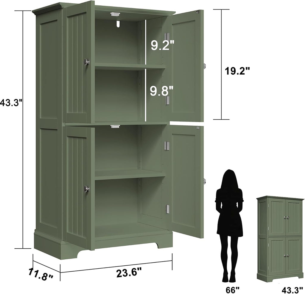 ChooChoo Bathroom Floor Cabinet, Modern Bathroom Storage Cabinet with 4 Doors and Adjustable Shelves, Freestanding Cupboard for Living Room, Green