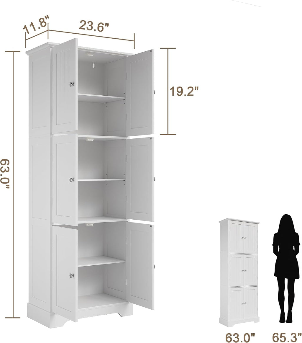 ChooChoo Tall Bathroom Storage Cabinet with 6 Doors, Freestanding Floor Cabinet with Adjustable Shelves, White Pantry Cabinet for Bathroom, Kitchen, Laundry Room