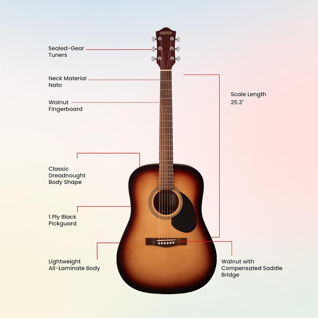 Gretsch Prelude D100 Dreadnought Acoustic Guitar - Sunburst Bundle with Gig Bag, Strap, Strings, String Winder, Picks, Austin Bazaar Instructional DVD, and Polishing Cloth