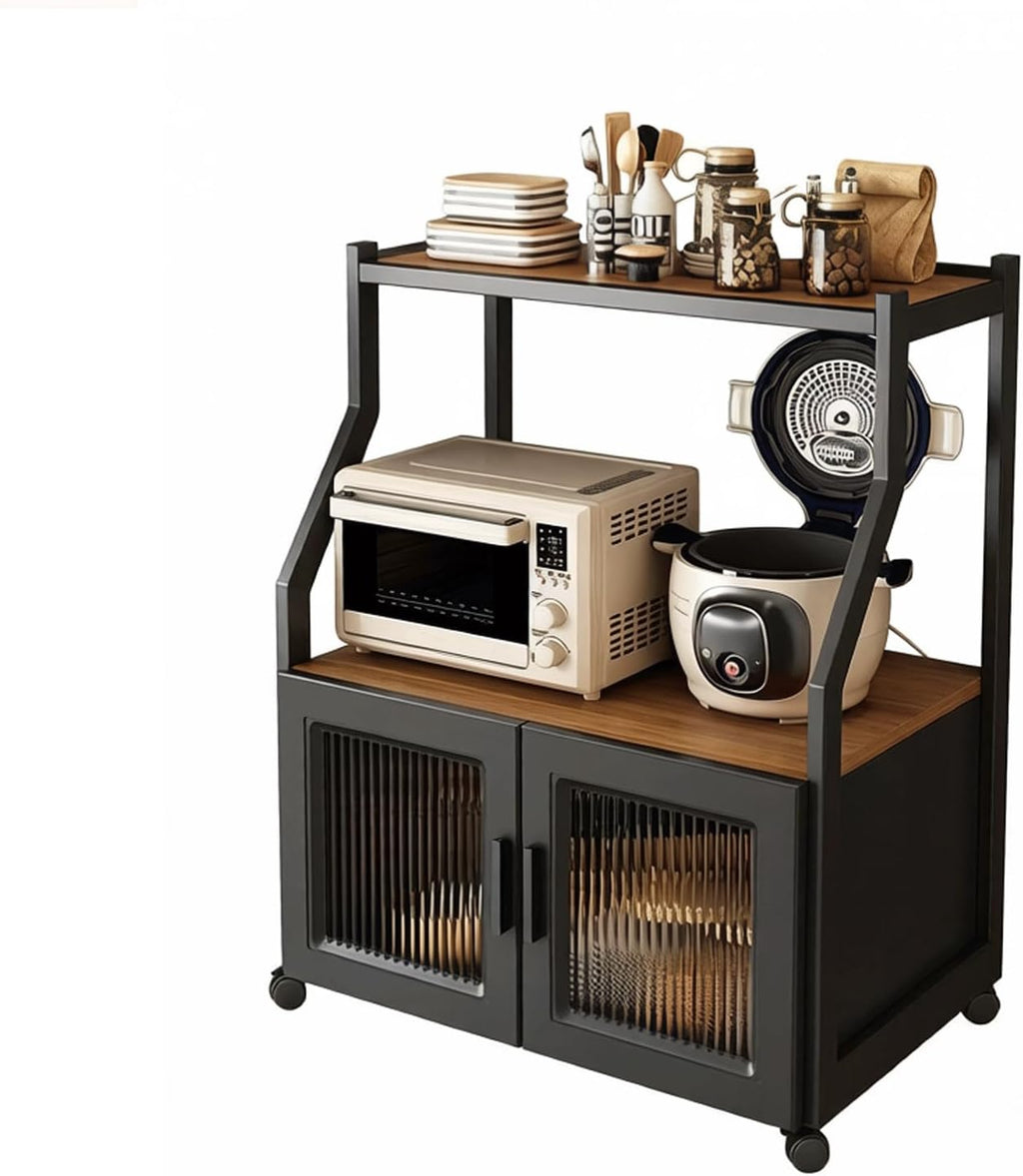 4 Tier Microwave Stand with Storage Matte Black Storage Rack Kitchen Pantry Glass Cabinet Doors Bakers Rack for cafes Living Room Office-B