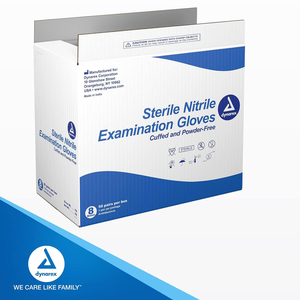 Dynarex Sterile Disposable Nitrile Exam Gloves, Powder-Free, Sterilely Packaged in Pairs, Textured Palms, Blue, Large, 1 Case - 8 Boxes of 50 Pairs