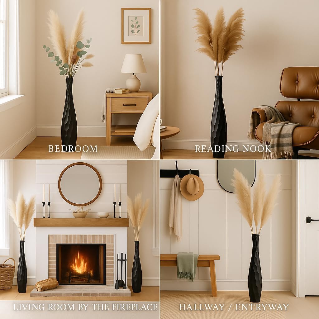Leewadee Large Black Home Decor Floor Vase - Wooden 41 inch Tall Farmhouse Decor Flower Holder for Fake Plant and Pampas Grass
