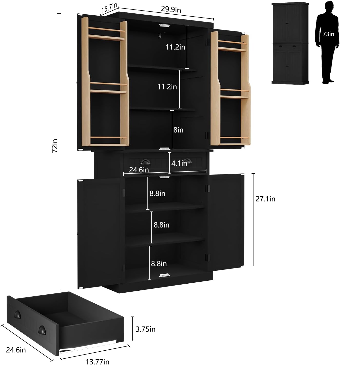 ARTPOWER 72' Pantry Storage Cabinet with Drawer, Freestanding Tall Cupboard Storage Cabinet, Utility Pantry with Door Shelves and 2 Adjustable Shelves for Kitchen, Dining Room,Living Room, Black
