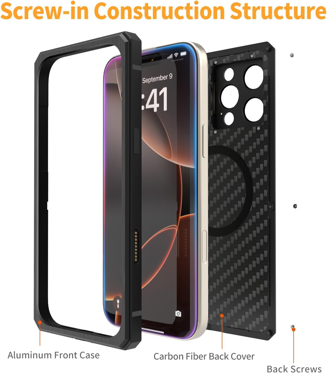 Luxury Carbon Fiber Aluminum Case for iPhone 16 Pro Max, Heavy Duty Rugged Military Protective Phone Cover with Camera Lens Protector Stand, Strong Magnetic Ring Compatible with Magsafe, Black