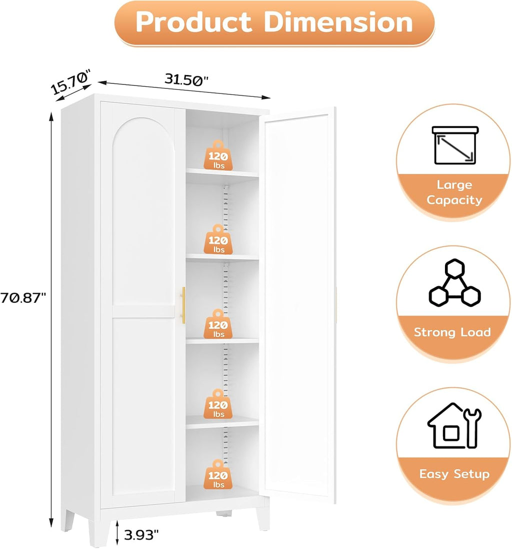 Zevemomo 71'' Tall Metal Pantry Cabinet with 2 Doors, Freestanding Kitchen Storage Cabinet with 4 Adjustable Shelves, Steel Cupboard for Kitchen, Pantry, Dining Room, Living Room, Bathroom, White