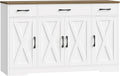 HOSTACK Buffet Cabinet with Drawers, 55' Large Sideboard Buffet Storage Cabinet with Shelves and Doors, Modern Farmhouse Coffee Bar Station Wood Kitchen Table for Kitchen, Dining Room, White/Rustic
