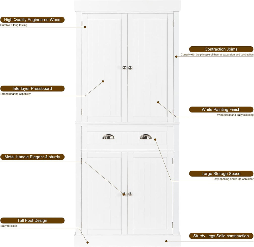VINGLI 71-Inch White Storage Cabinets with Drawers, Freestanding Pantry Cabinets with Doors and Shelves Adjustable, Wood Farmhouse Kitchen Pantry Cupboard