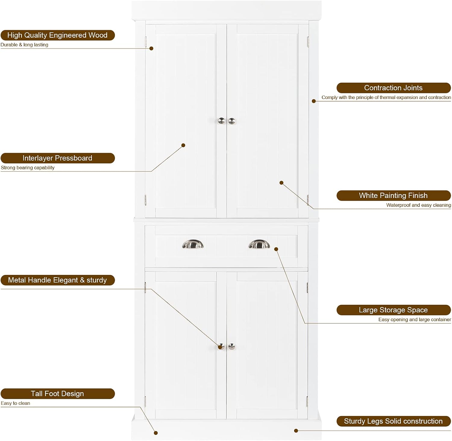 VINGLI 71-Inch White Storage Cabinets with Drawers, Freestanding Pantry Cabinets with Doors and Shelves Adjustable, Wood Farmhouse Kitchen Pantry Cupboard