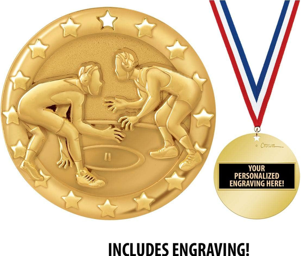 Crown Awards Wrestling Medal, 2' Shiny Gold Wrestling Medals for Kids with Free Custom Engraving