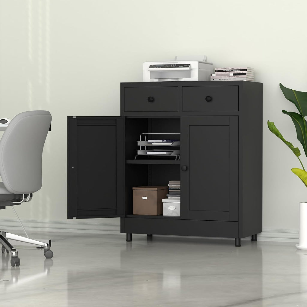Metal Storage Cabinet with 2 Drawers and Adjustable Shelf, Sideboard Buffet Cabinet for Home, Office, Hallway, Entryway, Living Room, Kitchen Pantry and Dining Room (Black)