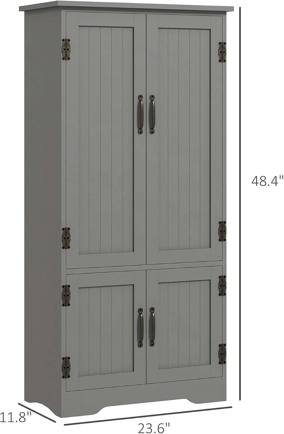 HOMCOM 48.5' Kitchen Pantry Cabinet with 2 Adjustable Shelves and 4 Beadboard Doors, Compact Farmhouse Kitchen Storage Cabinet for Dining Room, Gray