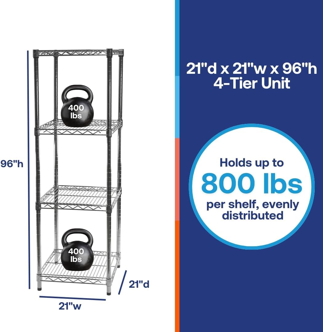 Shelving Inc. 21' d x 21' w x 96' h Chrome Wire Shelving with 4 Tier Shelves, Weight Capacity 800lbs Per Shelf